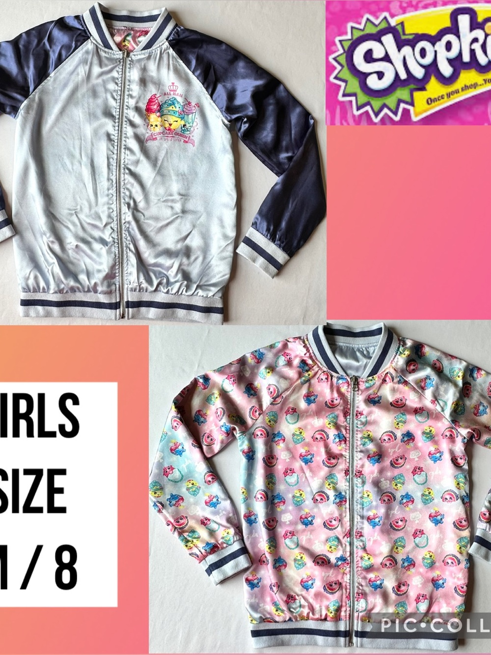 Shopkins Girls Jacket Reversible Bomber Satin Blue Pink Size Medium 8